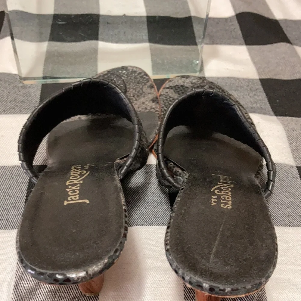 Jack Rodgers USA Leather Wedge Thong Sandal Shoes Sequin Reptile Gray Black 7.5